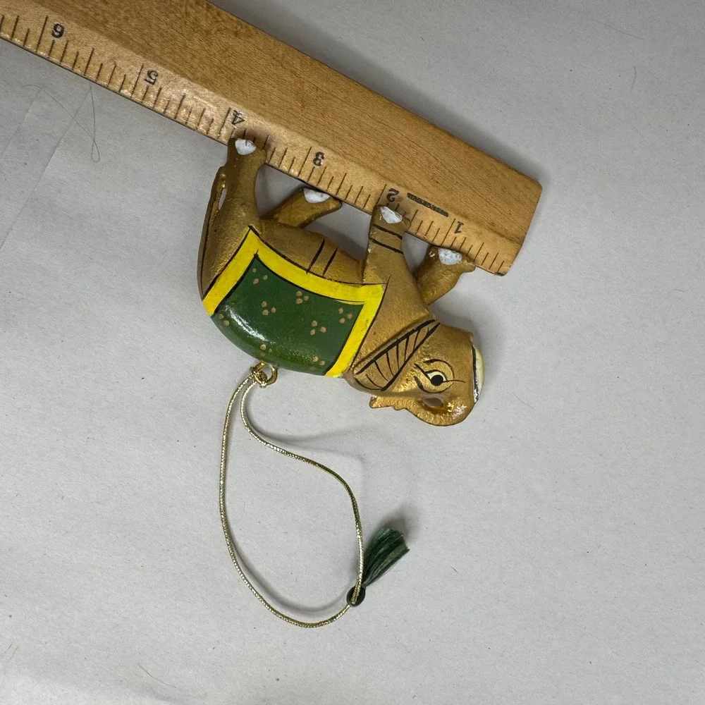 Hand Painted Gold Elephant Christmas Ornament Green Yellow Tassel‎ Hanging Decor